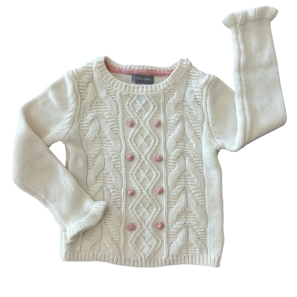 Tahari 3T Cable Knit Sweater Cream Pink Pom Poms Long Sleeves Small Flaw